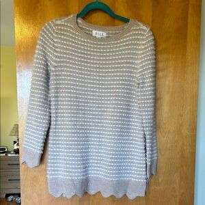 Elle Beige Striped Crew Neck Sweater w/ Scalloped Hem and Cuffs